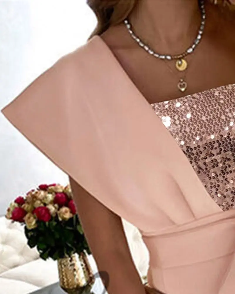 Pink One Shoulder Design Princess Sleeve Sequin Panel Slim Fit Slit Dress - Belted Evening Dress