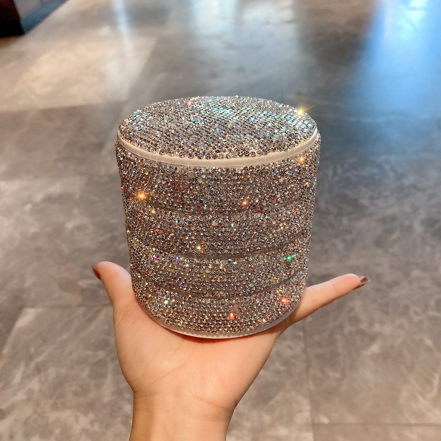 Multi-layer 360 Degree Rotation Storage Box Luxury Bling Diamond Inlaid Desktop Jewelry Box