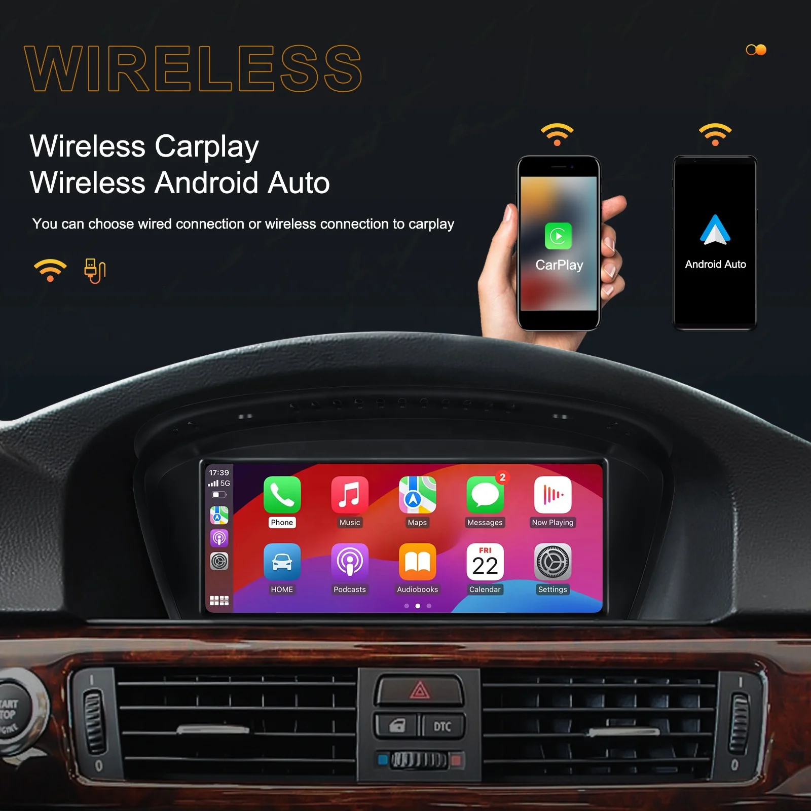 Podofo 8.8' Car Stereo Wireless Carplay Wireless Android Auto For BMW 3/5 series E60 2005-2008 IPS Touch screen BT Car Radio