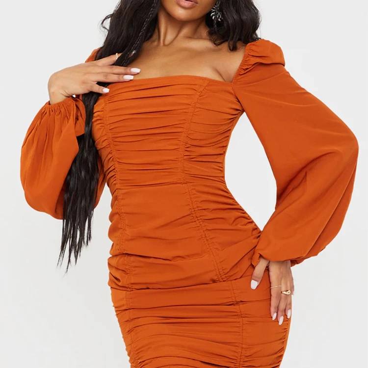 Fashion Orange Ruched Ladies Dresses Long Sleeve Customized Mini Women Casual Bodycon Dresses