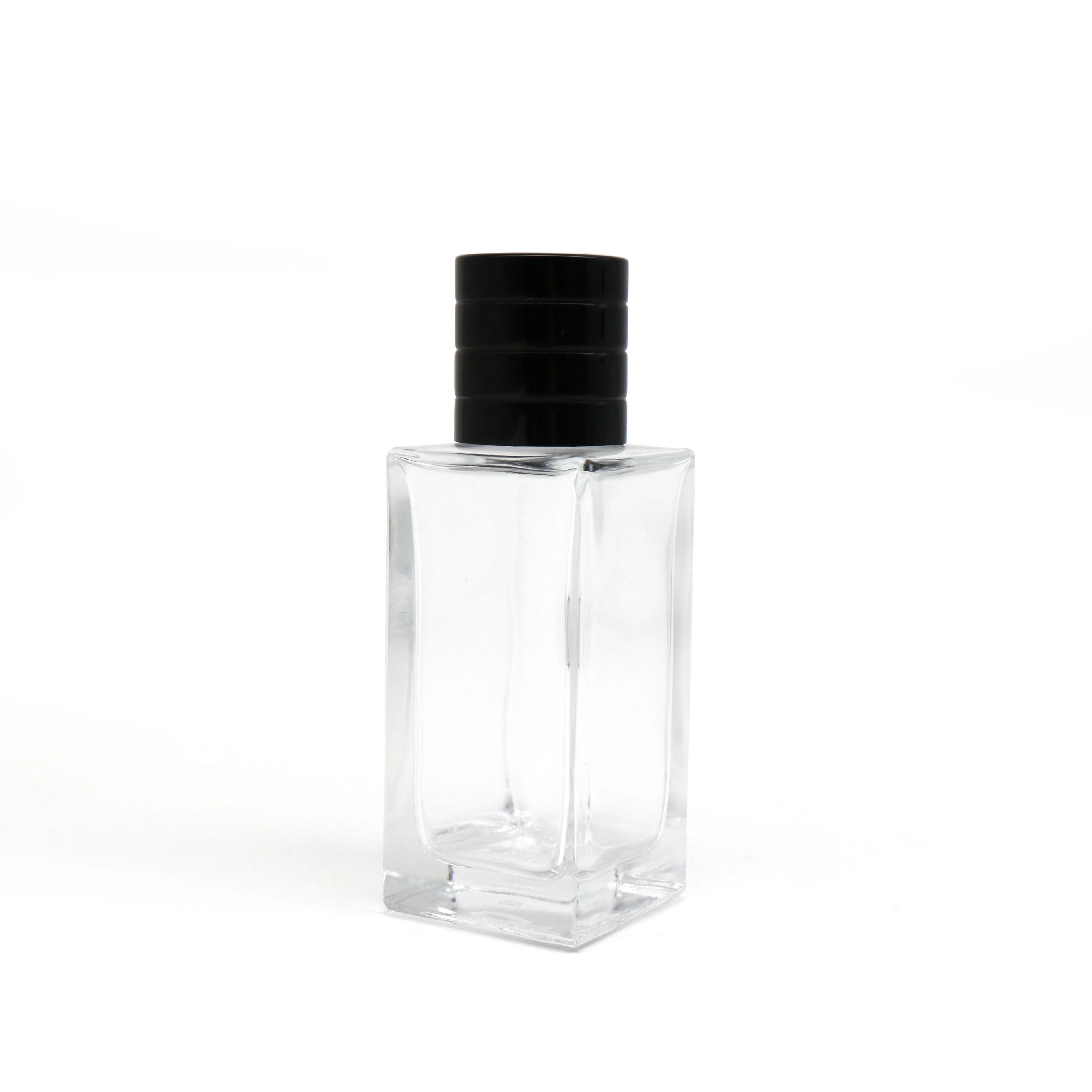 Hot Sale Recyclable Clear Square Transparent Flat Shoulder Perfume Spray Glass Bottle with Black Lid 100ml