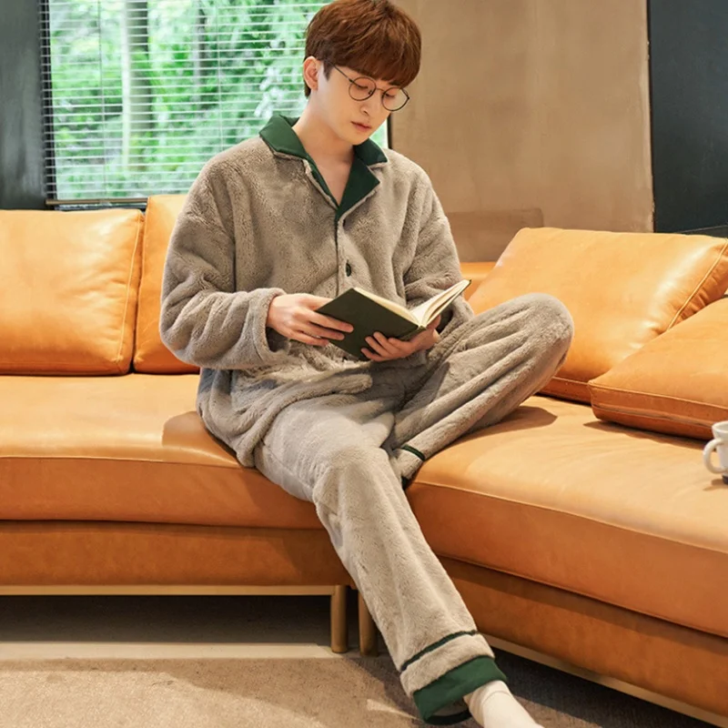 Winter Men Casual Thick Warm Flannel Long Robe Sleepwear Plus Size Loose Nightgown Male Solid Nightwear Homewear Pajama Sets