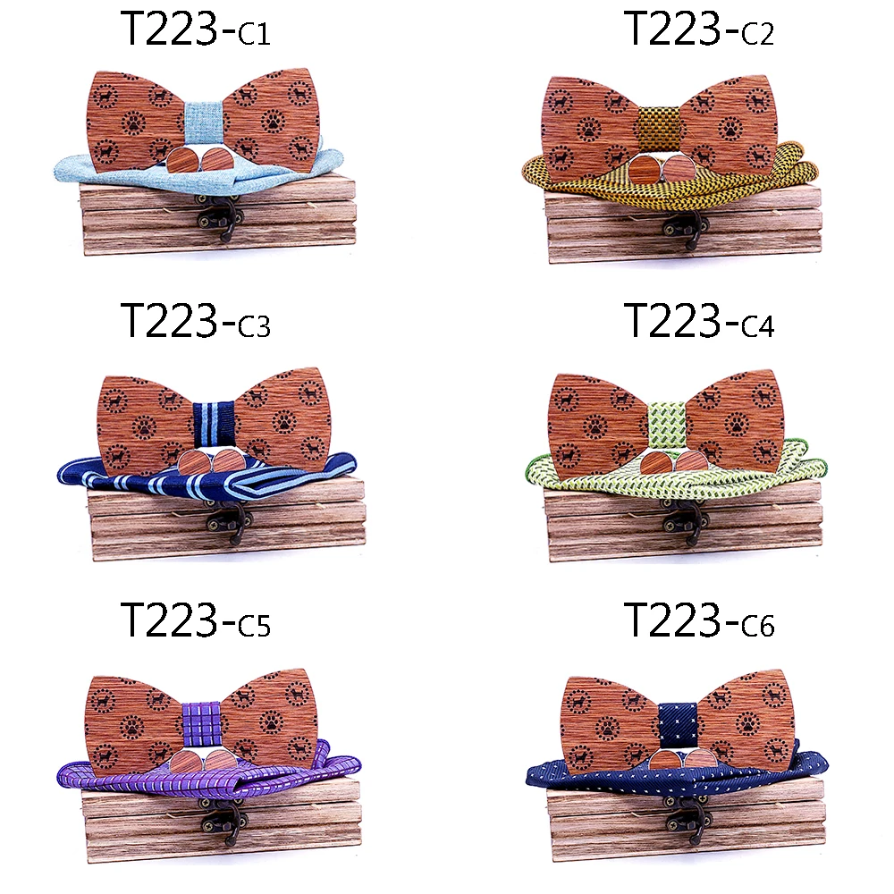 Wooden Dog Engraving Bow Tie Men High Quality Wooden Bow Ties Classic Business Butterfly Solid Wood Cufflinks Hanky Sets