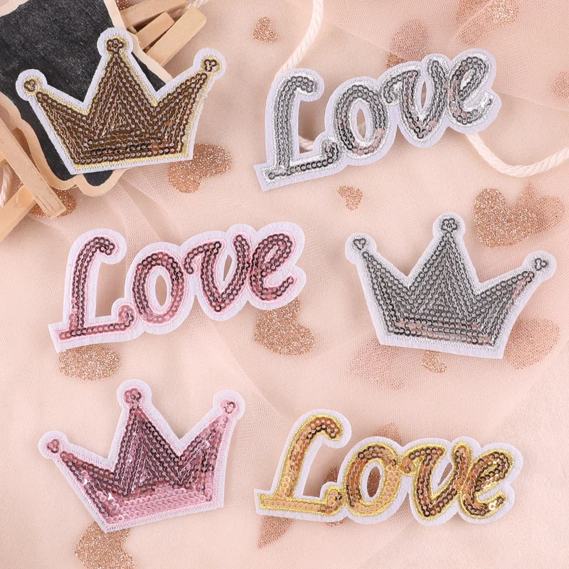 Wholesale Sequin Sorority Patches Iron On Sew On Handmade Love Patches Sequin Embroidery Crown Patch