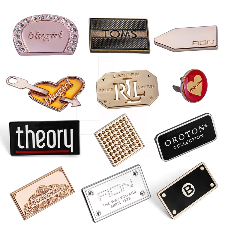 High quality zinc alloy fashion decorative various size professional printed logo brand name custom bag handbag metal tags
