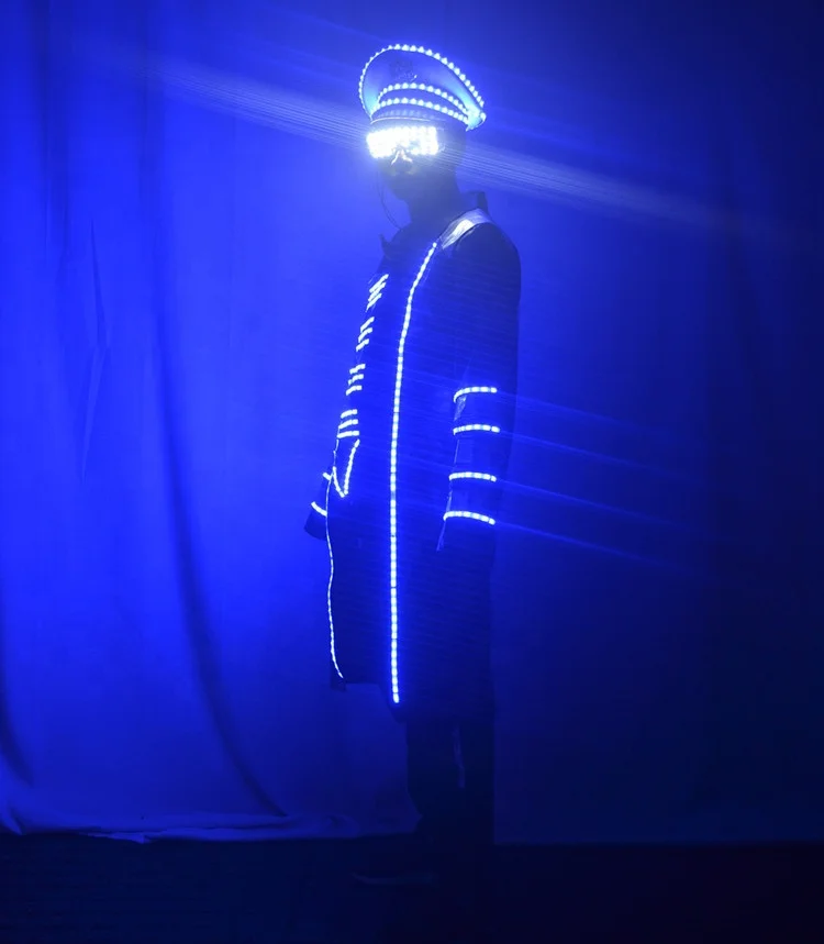 LED robot suit LED blue light clothes military uniform night club bar wine clothing  military cap KTV show future technology