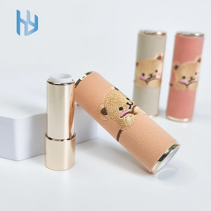 Cute Embroidery bear 12.1mm lipstick container press lipstick tube empty plastic lip balm tube