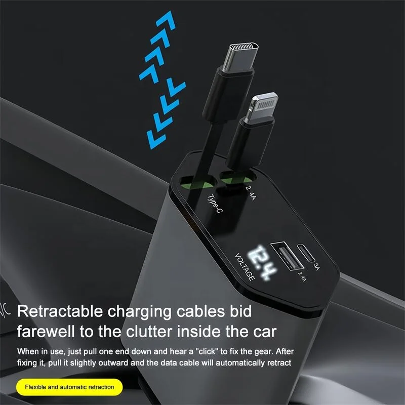 USB Type C Cable For IPhone Huawei Samsung  Cigarette Lighter Adapter 4 in 1 Car charger Retractable Car Charger  Fast Charger