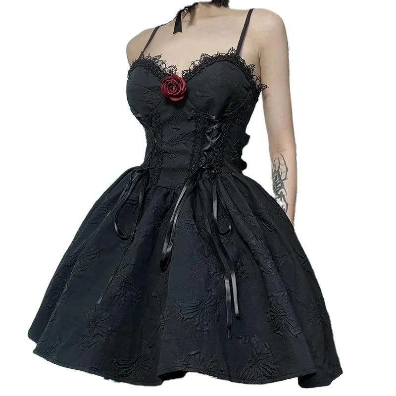 Sleeveless Lolita Black Dress Goth Aesthetic Puff Sleeve High Waist Vintage Bandage Lace Trim Party Gothic Clothes Dress Woman