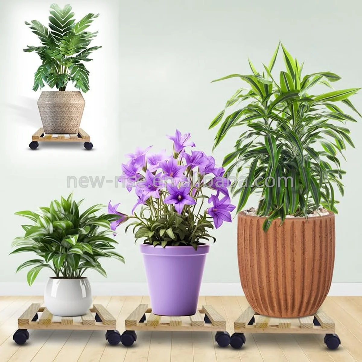 Heavy Duty Plant Moving Trolley Set of 2 Wooden Flower Transport Platform Dolly in Garden Moving Hand Pull Cart