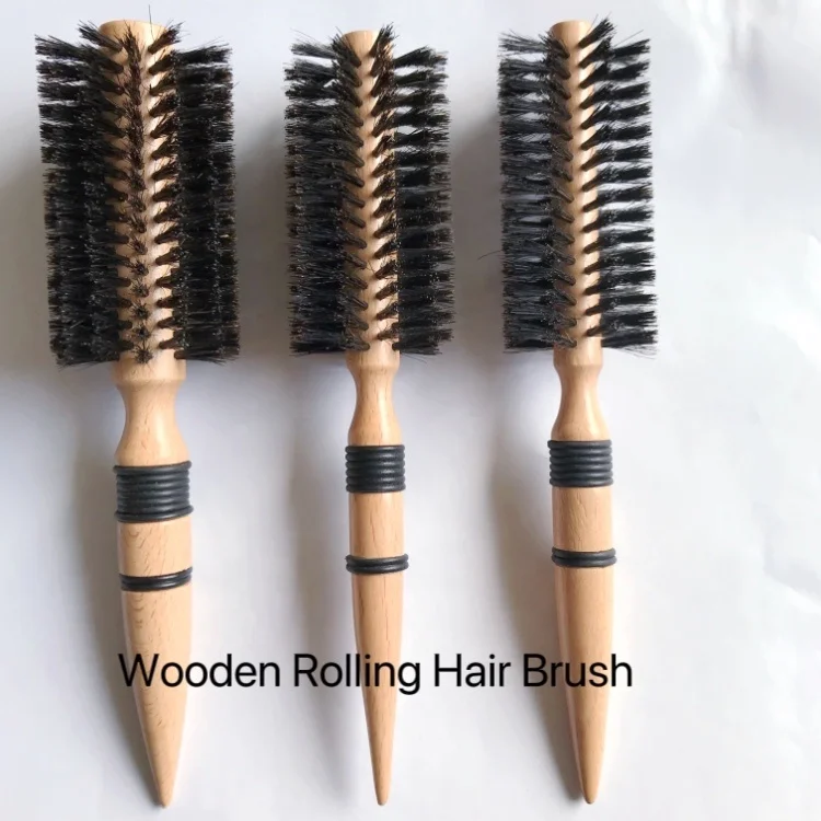 Custom Logo Professional Factory Round Hair Brush Wooden Handle Boar Bristle Styling Hair Scalp Message Brush