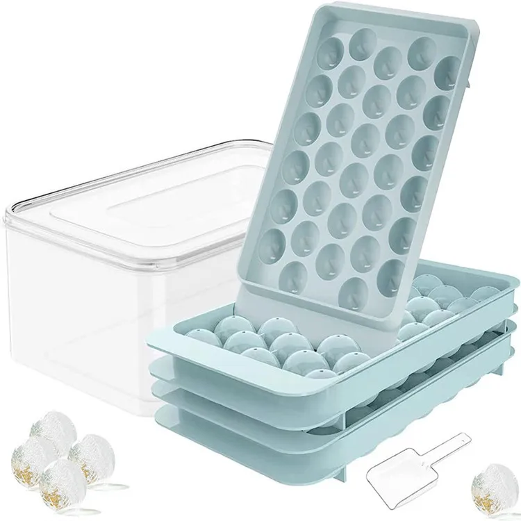 New Design 3 Layer Round Ice Cube Trays Ice Ball Maker Mold With Plastic Box and Shovel