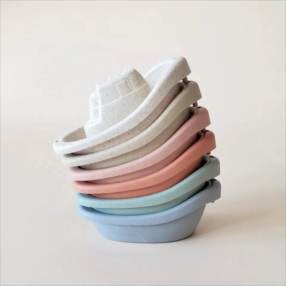 Wholesale Eco Friendly Kids Toy Set Boat Wheat Straw Stacking Cups Tower Boat Bath Toys