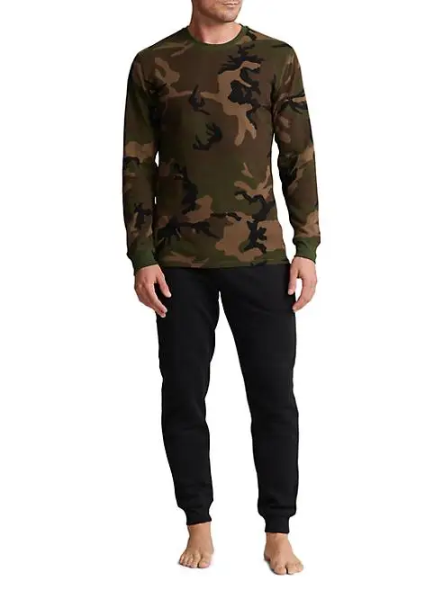 Custom Screen Printed Heavy Cotton Knitted Camo Waffle Tee Camouflage Thermal T Shirts Double Layer Long Sleeve T-shirts For Men