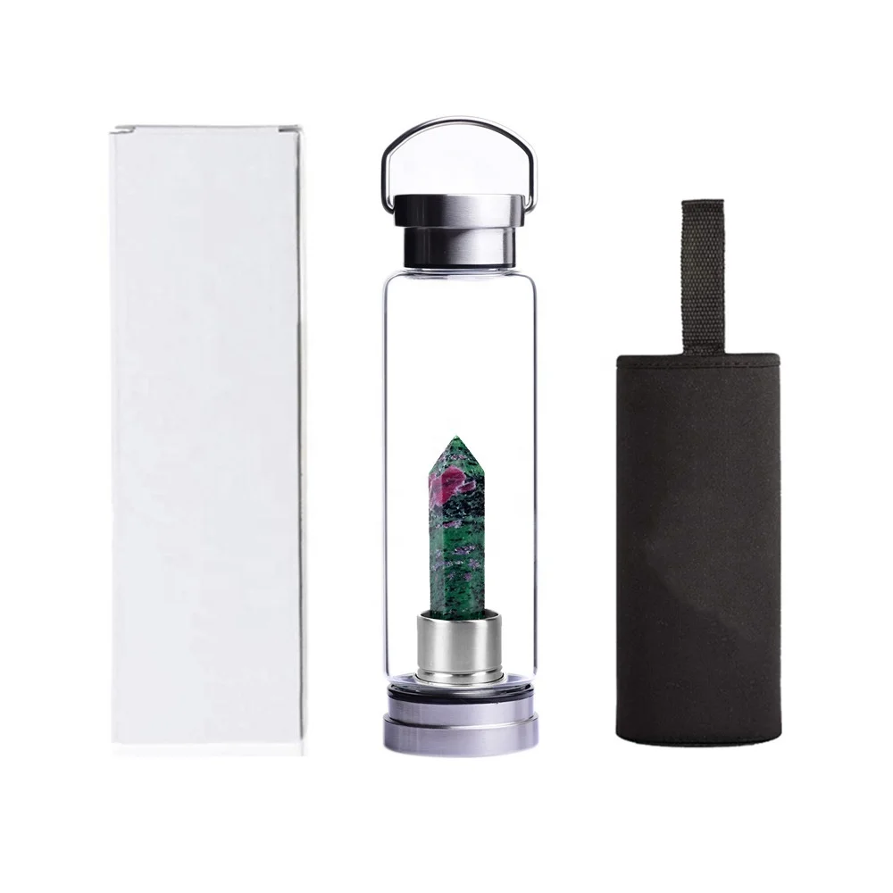 Custom Logo Natural Healing Obelisk Wand Elixir Quartz Bpa Free Energy Stone Glass Crystal Infused Water Bottle