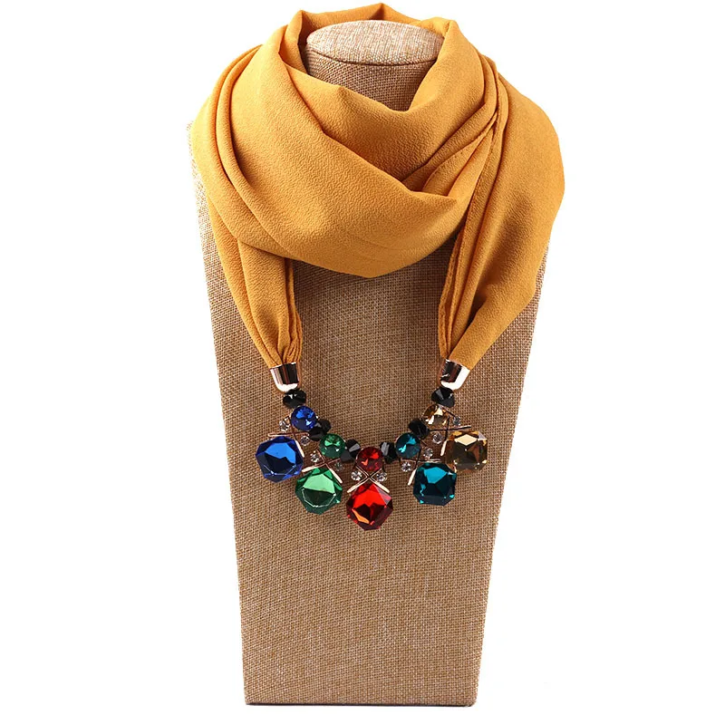 Wholesale jewel scarf acrylic diamond chiffon jewelry necklace scarf with pendant for women