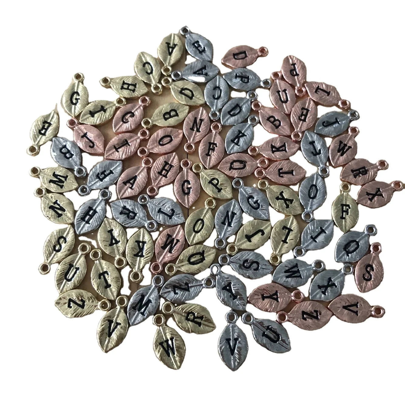 
metal leaf initial letter charms a-z gold silver rose gold leaf letter charms alphabet letter leaf charms in stocks 