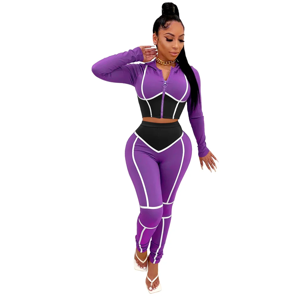 2021 Womens Fall Clothing Contrast Color Long Sleeve Hoodie Crop Top Two 2 Piece Pants Set Women Workout Clothes Tracksuits