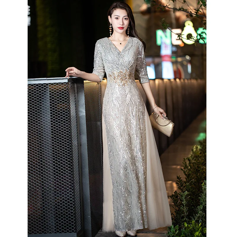 Sequined Formal Evening Gown Wedding Party Dress Birthday Outfit Women