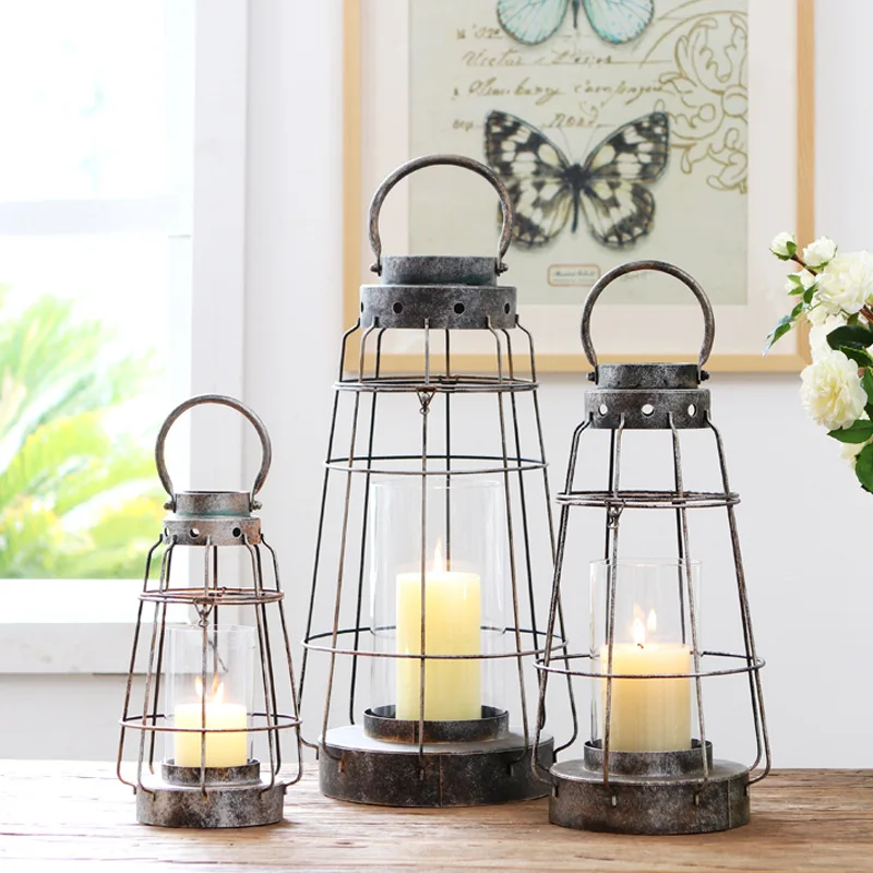 Retro Hollow Out Set of 3 Iron Glass Candle Holder Metal Wire Lantern with Handle for Home and Garden Decoration