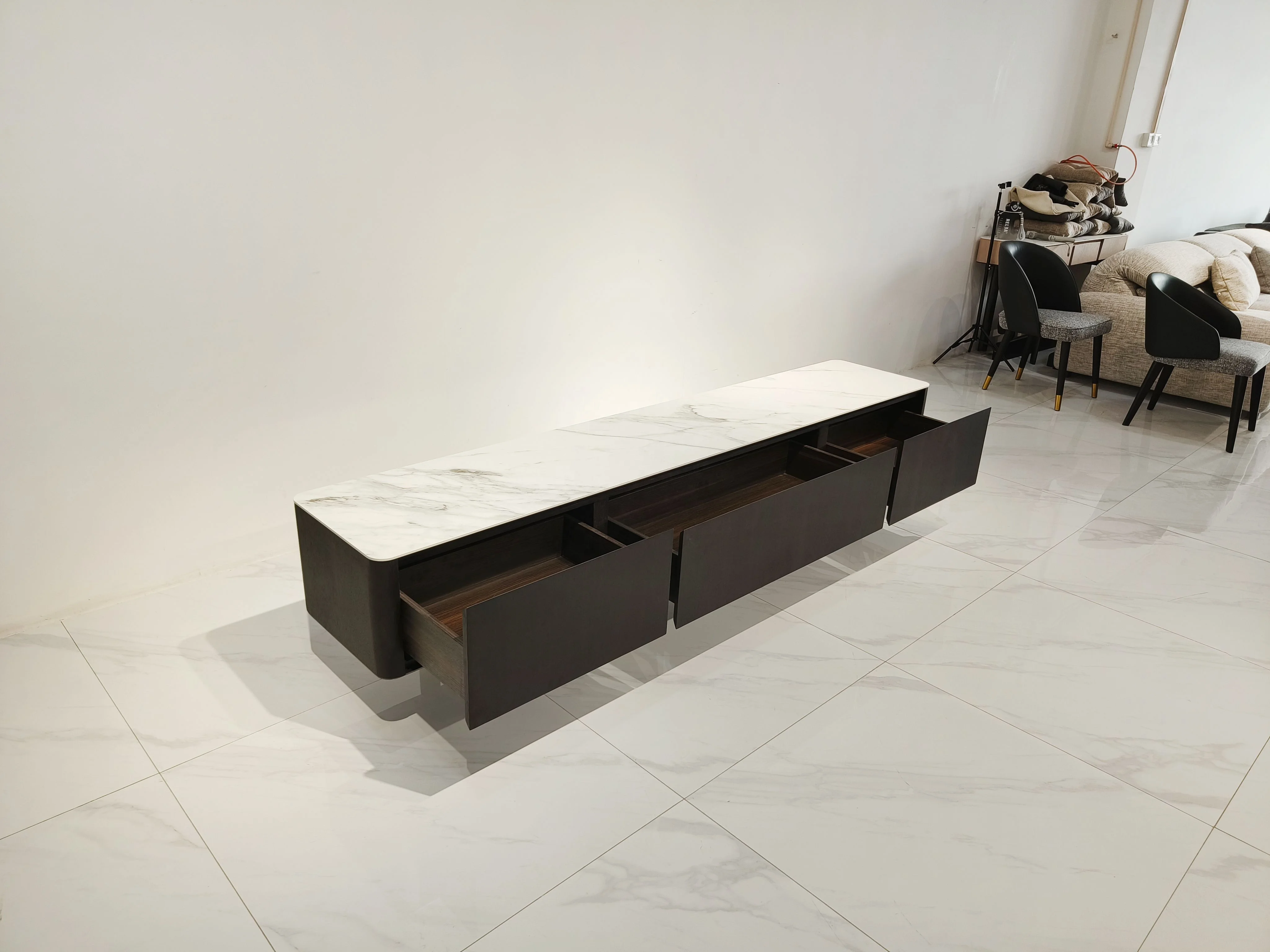 Italian Modern TV Cabinet Marble Top Console Center Table Solid Wood Black  Living Room TV Stand with Drawer