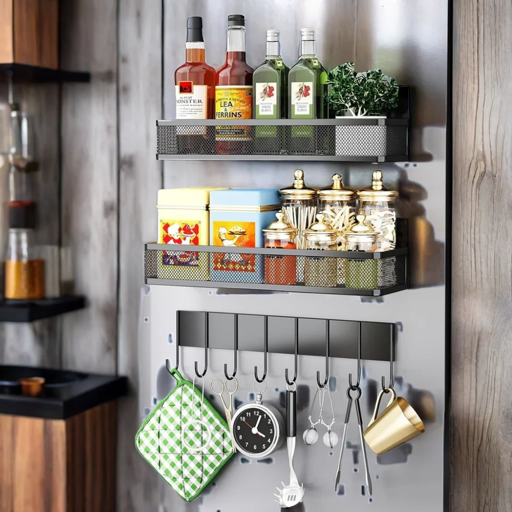 SOPEWOD Magnet Multifunctional Storage Rack Wall Mounted Three-tier Spice Rack with Metal Kitchen Storage Holders & Racks