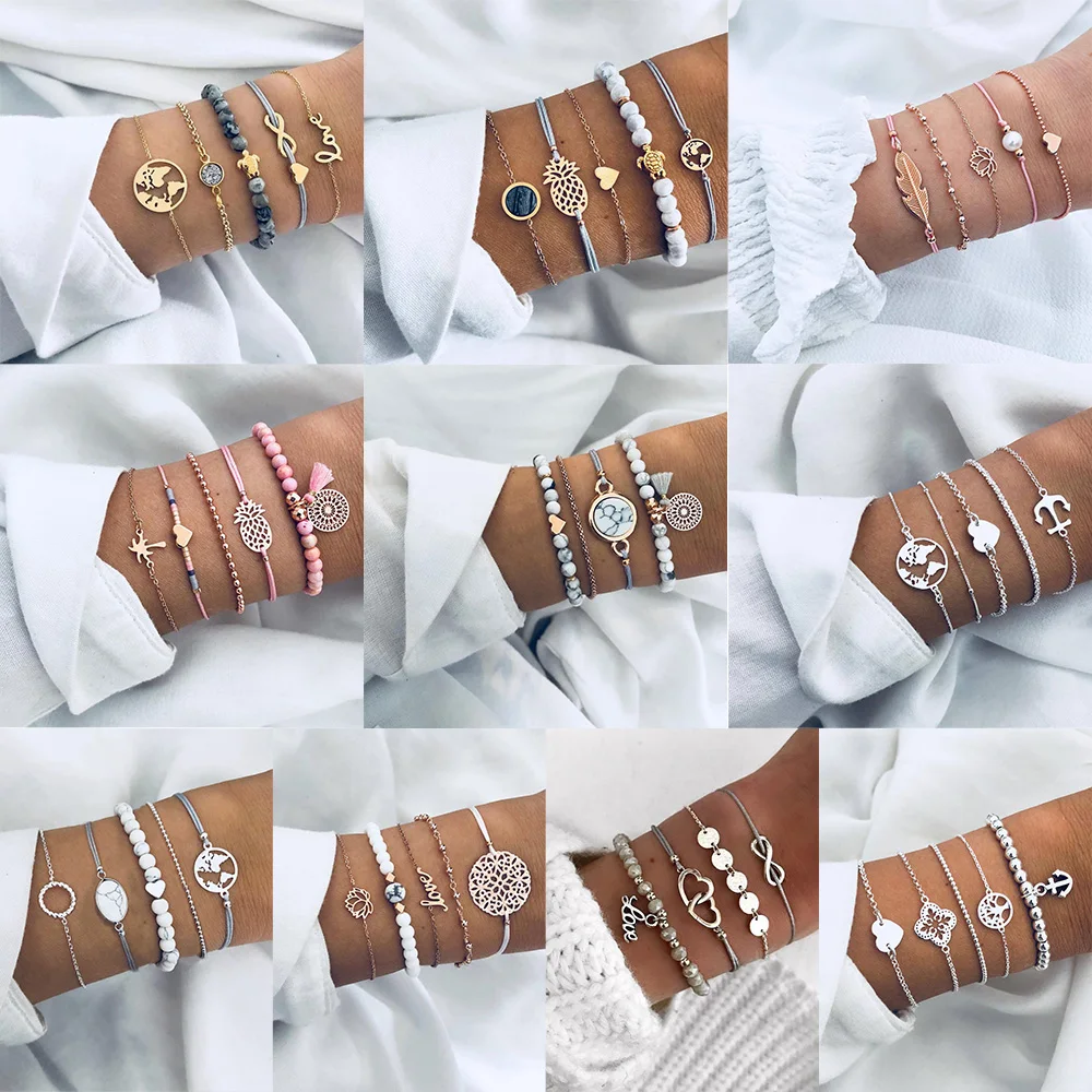 V&R Braided Bracelet Boho Style Pineapple Heart Map Turtle Beads Set Diamonds Turquoise Men Women Bracelet Set