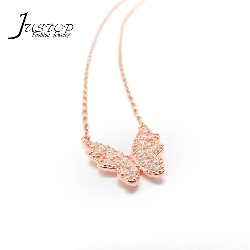 French design vogue charms Real 925 sterling silver jewelry pink gold pendant chain butterfly necklaces with zircon