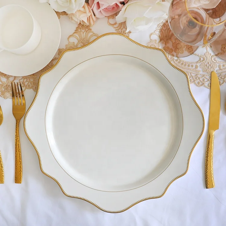 wholesale tooth wedge shaped white and gold rim porcelain ceramic charger dinner plates for wedding decoration