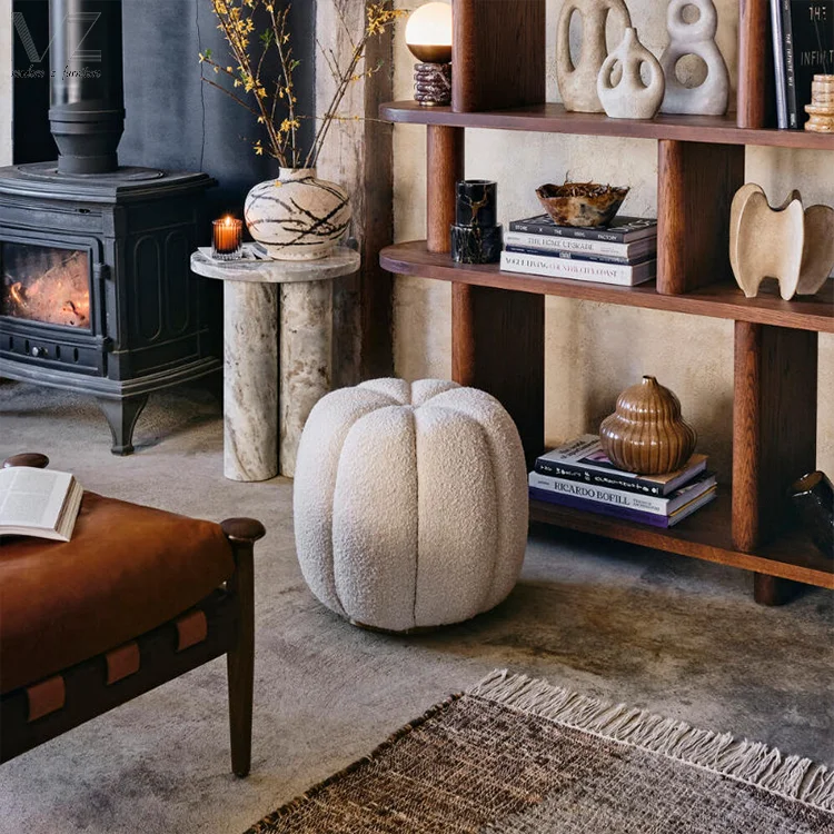 Living Room Furniture Cream Boucle Ottoman Footrest Round Pumpkin Tufted Velvet Fabric Kit Boucle Stool