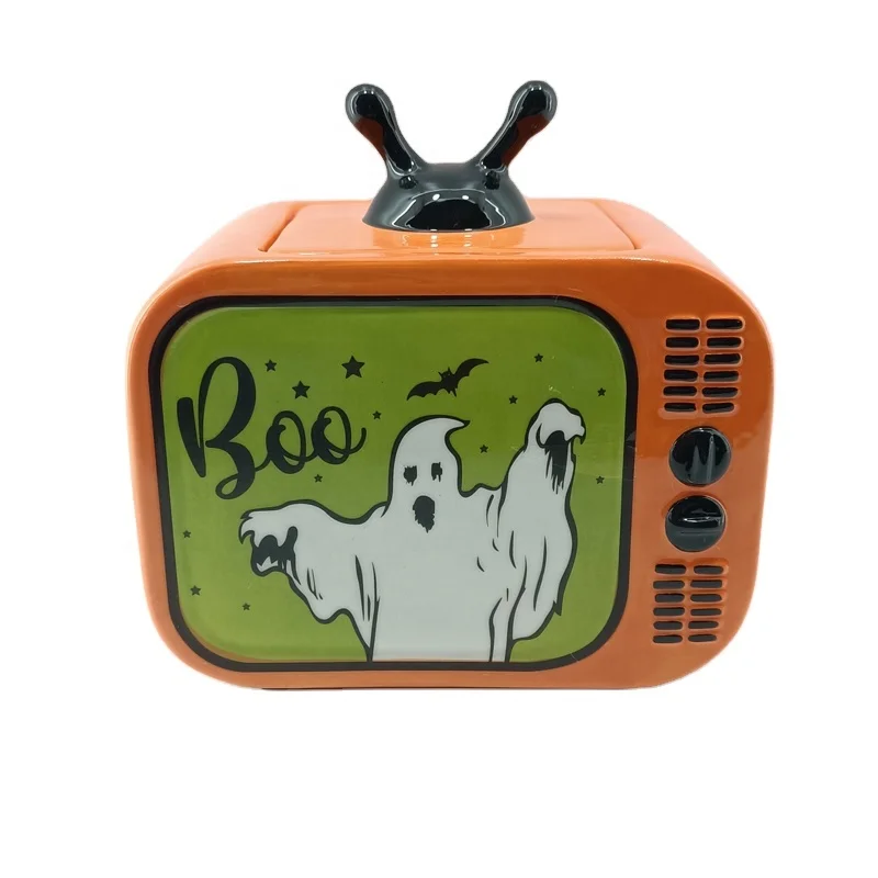 45 oz Ceramic TV Shape Halloween BOO Ghost Cookie Jar Candy Treat Jar Canister with Gasket and Lid