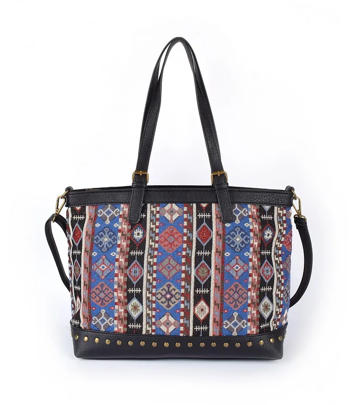 Women National style shoulder bag Tote Bag Pu Leather Jacquard fabric Vintage Style Casual Handbag High Quality Shopping Bag