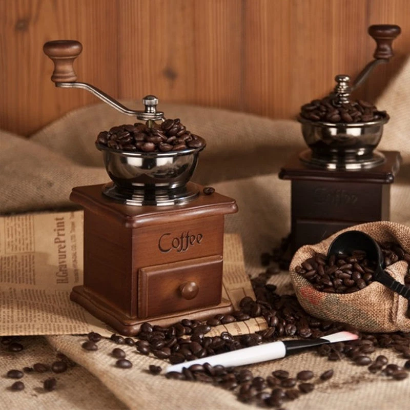 Hot SaleManual Coffee Grinder Wood Vintage Antique Hand Crank Coffee Mill Retro Style Coffee Grinder  Portable Espresso Grinder