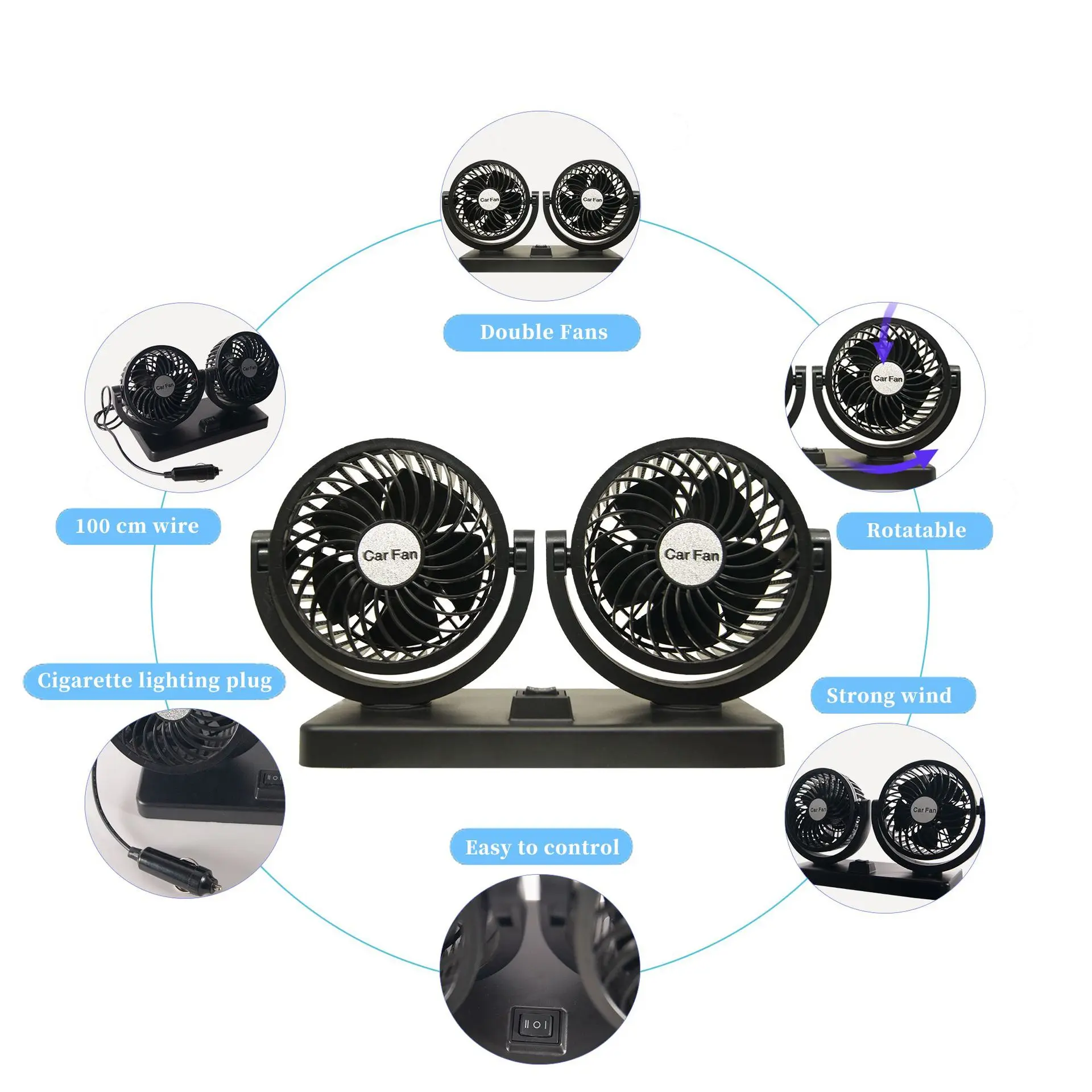 Jutien High Power Car Fan Wholesale General 12V24V Fan 360 Rotary USB  Car Electric Fan