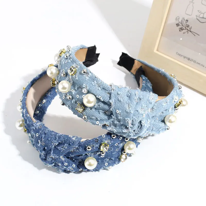 New Arrival Fashion Bow Knot Denim Hiar Band for Women Bling Crystal and Pearls Decorated Denim Headband in Hairbands