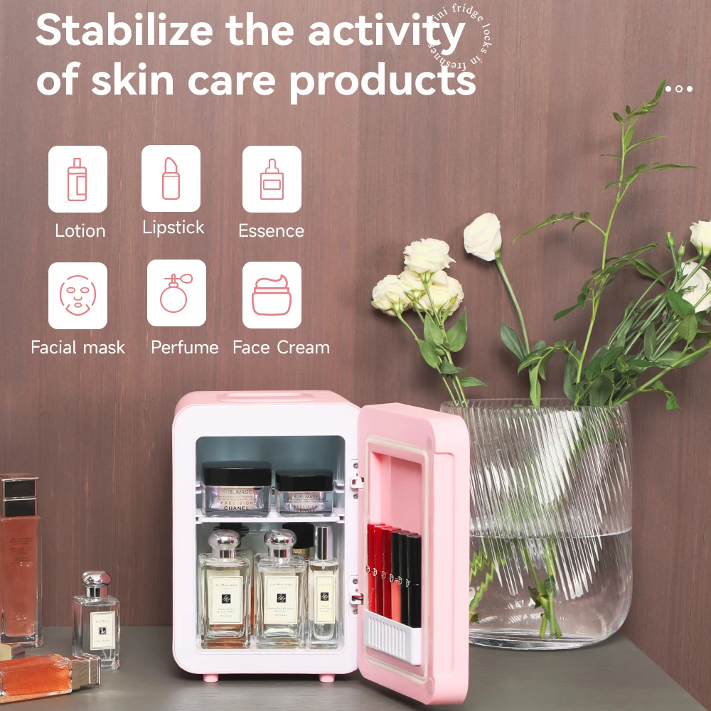 Mini Fridge Led Lighted Mirror Glass Cool and Warm Portable 4l for Bedroom Office Home