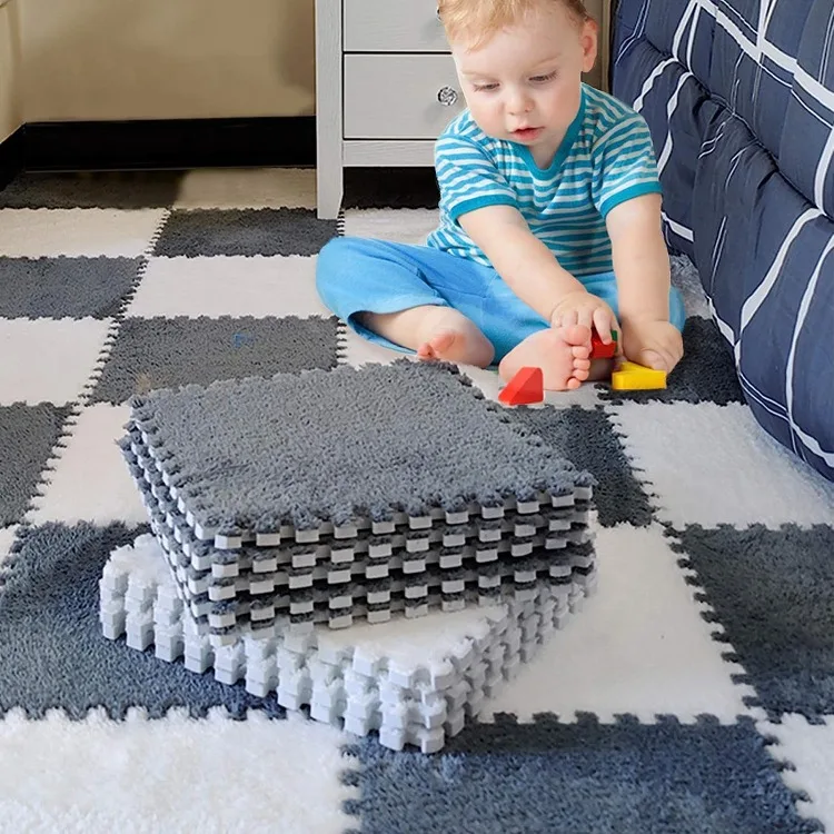 Custom Indoor Bedroom Baby Crawling Playing Square Thick Eva Foam Floor Carpet Plush Puzzle Mat For Kids