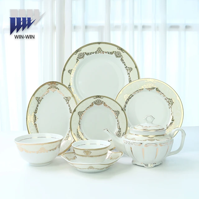 Wholesale crockery sets luxury dinner set for new design super porcelain shining golden tableware set Uzbek market
