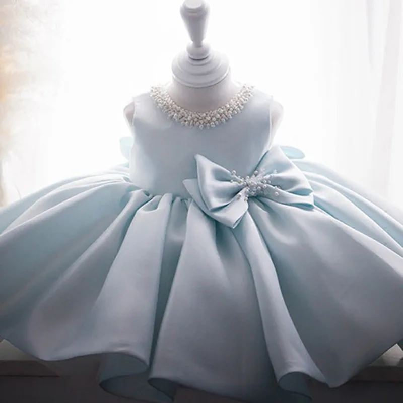 Ivy90113A Top quality baby wedding gown kid girls blue color beaded dress baby Birthday dress design