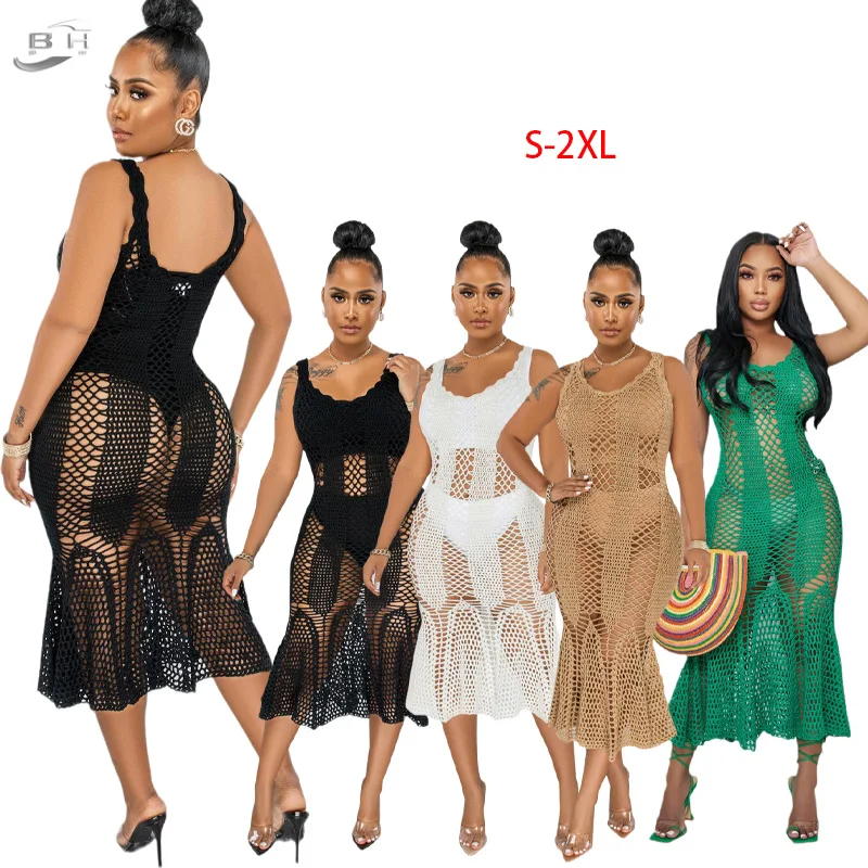 2022 Knit Maxi Skirt Crochet  hollow out long dress tassel Pendant Fringe Beach Bikini Overskirt bathing suit Crochet cover up
