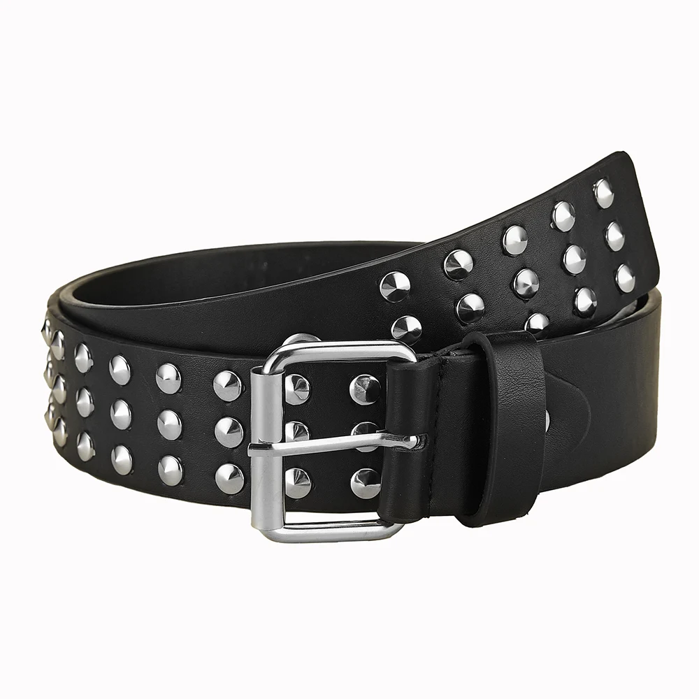 Europe Style Punk Leather Studded Three Lines Round Beads Rivet Belts PU Leather Pin Buckle Belt For Jeans