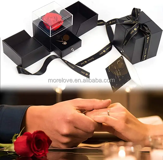Wholesale Custom Transparent Box with Drawer and Necklace Real Eternal Preserved Roses In Acrylic Jewelry Box