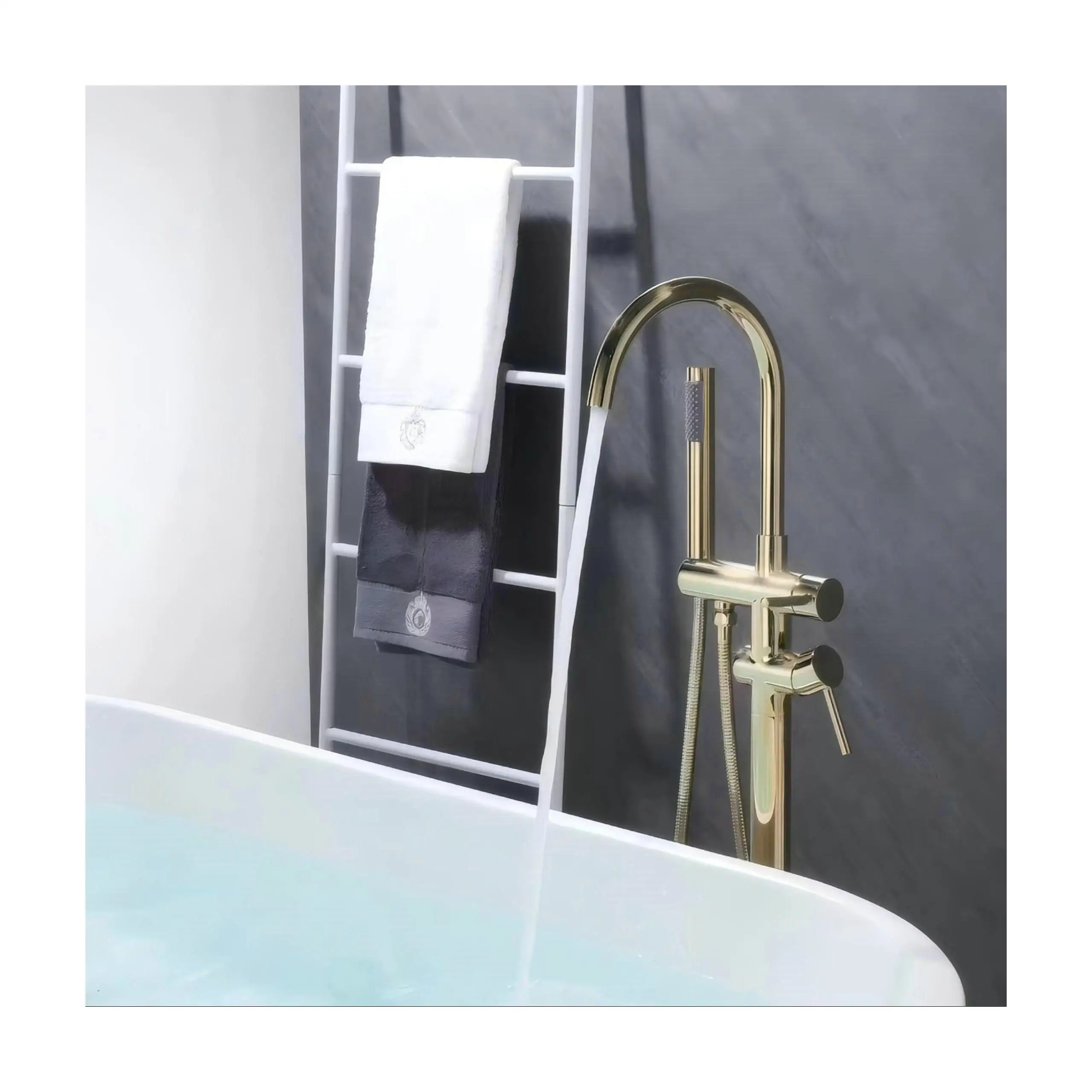 Aquacubic Gold Freestanding Bathtub Faucet Hot Cold Bathroom Shower Mixer Rain Spray Pattern Faucets Bath Shower Floor Standing