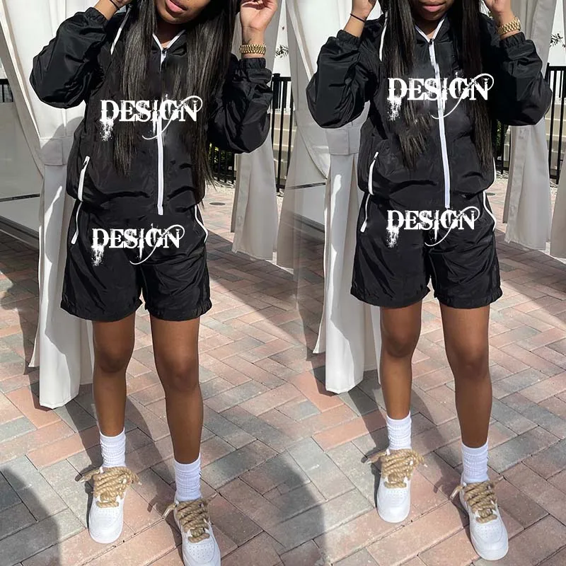 Custom Windbreaker Streetwear  2 Piece Shorts Jacket Tracksuit Nylon Reflective Zip Up Two Piece Windbreaker Tracksuit Men Sets