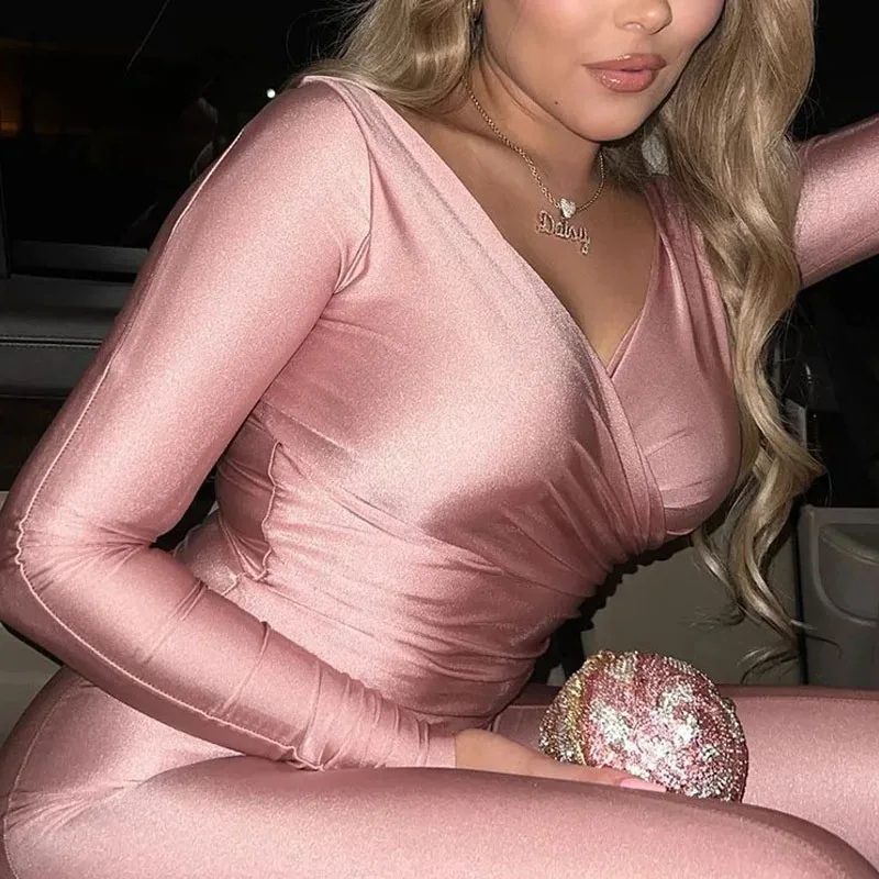 Elegant Women Tracksuit 2 Piece Set Skinny Cross Slash Neck Crop Tops+Leggings Stretch Matching Streetwear Outfits