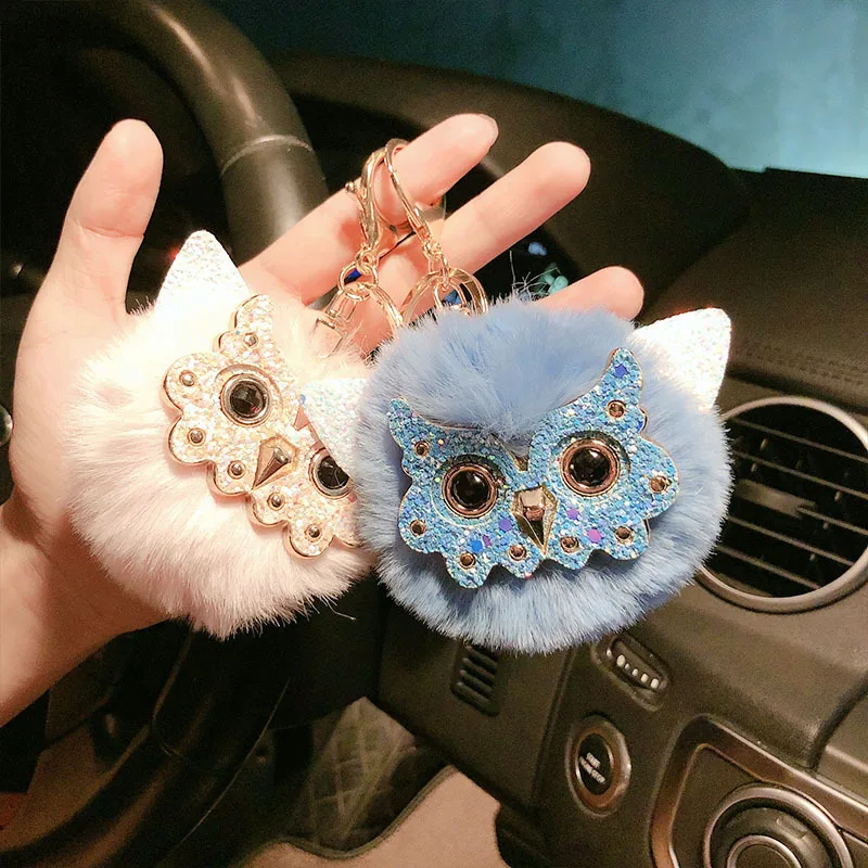 New fashion Cute Sequin Ears Owl Keychain Fluffy Artificial Rabbit Hairy Pom-pom Keychain Owl Pendant Key Ring