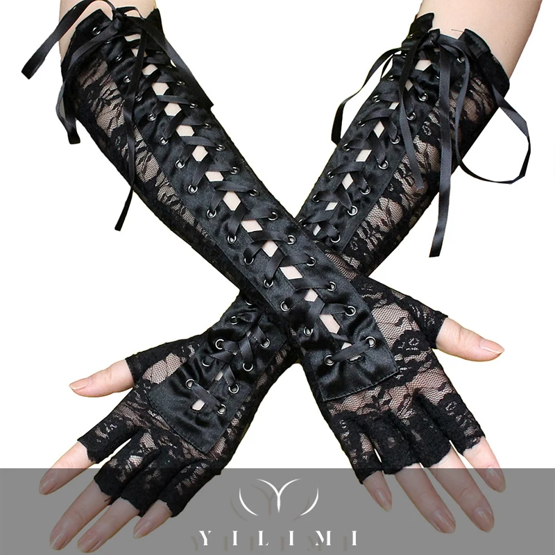 Сексуальные кружевные перчатки YILIMI с открытыми пальцами, черные сетчатые рукавицы с лентами для танцев и вечеринок