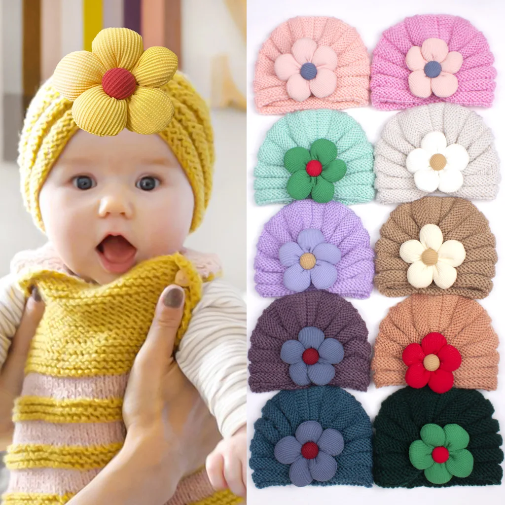 Rarewe New Design Children Baby Warming Flower Knitted Bonnet Infant Toddler Hat Custom Printed Kids Beanies