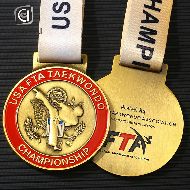 custom antique gold metal 3D enamel logo USA world taekwondo federation medals