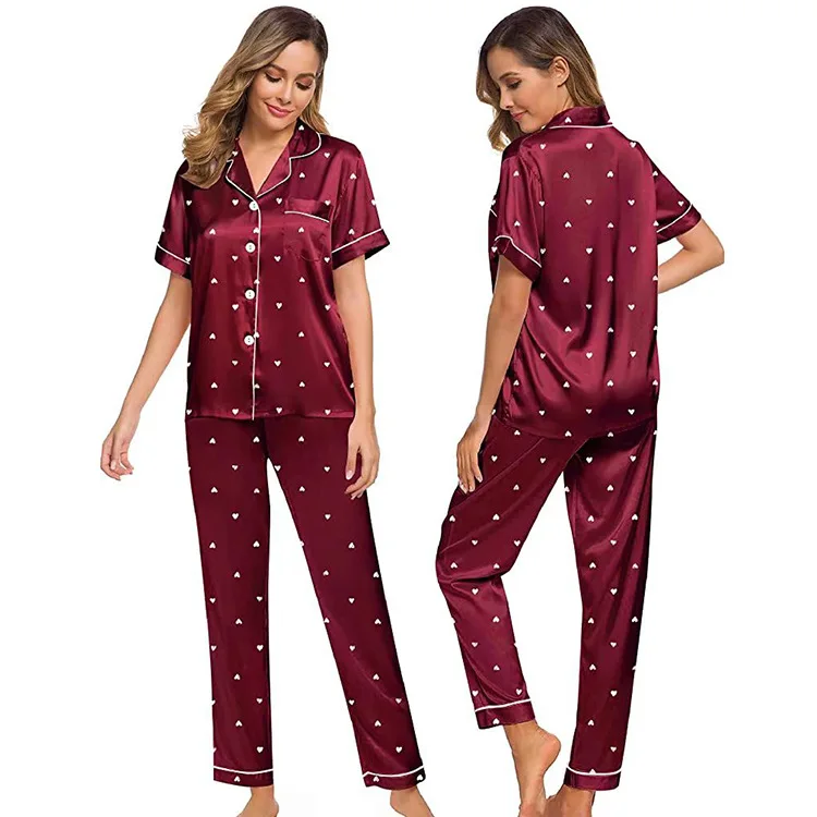 Woman Two-Piece Satin Pajamas Nightgown  Plus Size Satin Sleep Pajamas Red Love Set For Women